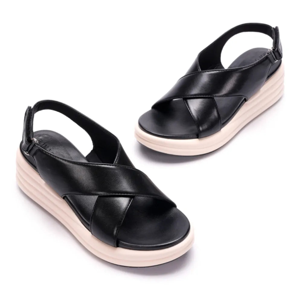 Damen Kreuzriemen-Keilsandalette 5 cm Mikrofaser Schwarz-Creme