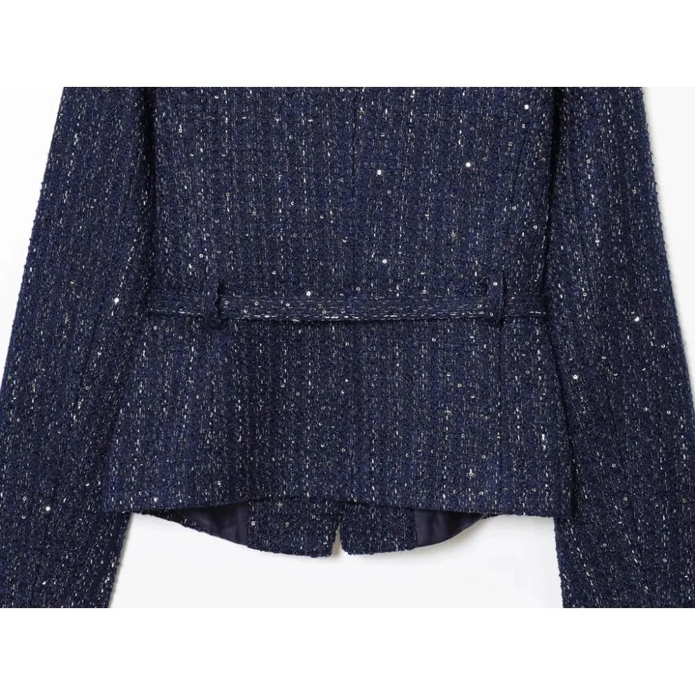 Damen Glitzer-Tweed-Blazer | Kurz mit Rundhals & Taillengürtel | Marineblau