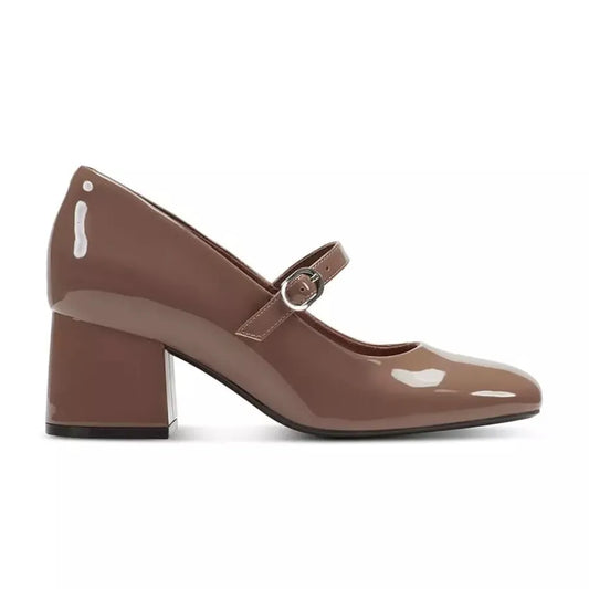 ROCKPORT Damen Mary-Jane-Pumps Xena | Karree-Spitze, Blockabsatz, TRUTECH-Dämpfung | Lackleder Cognac