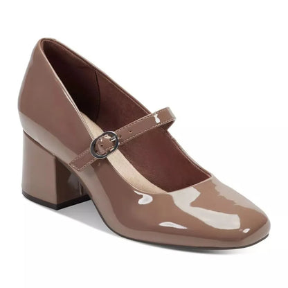 ROCKPORT Damen Mary-Jane-Pumps Xena | Karree-Spitze, Blockabsatz, TRUTECH-Dämpfung | Lackleder Cognac