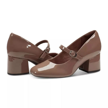 ROCKPORT Damen Mary-Jane-Pumps Xena | Karree-Spitze, Blockabsatz, TRUTECH-Dämpfung | Lackleder Cognac
