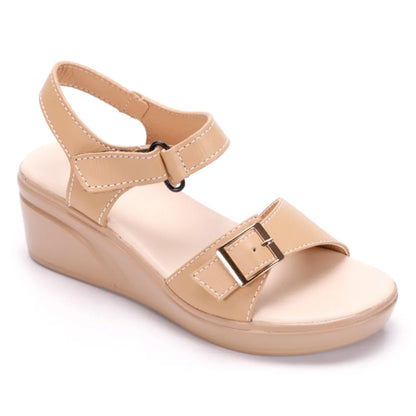 Damen Keilsandalette Verstellbare Klettverschlussriemen in genarbter Optik Beige