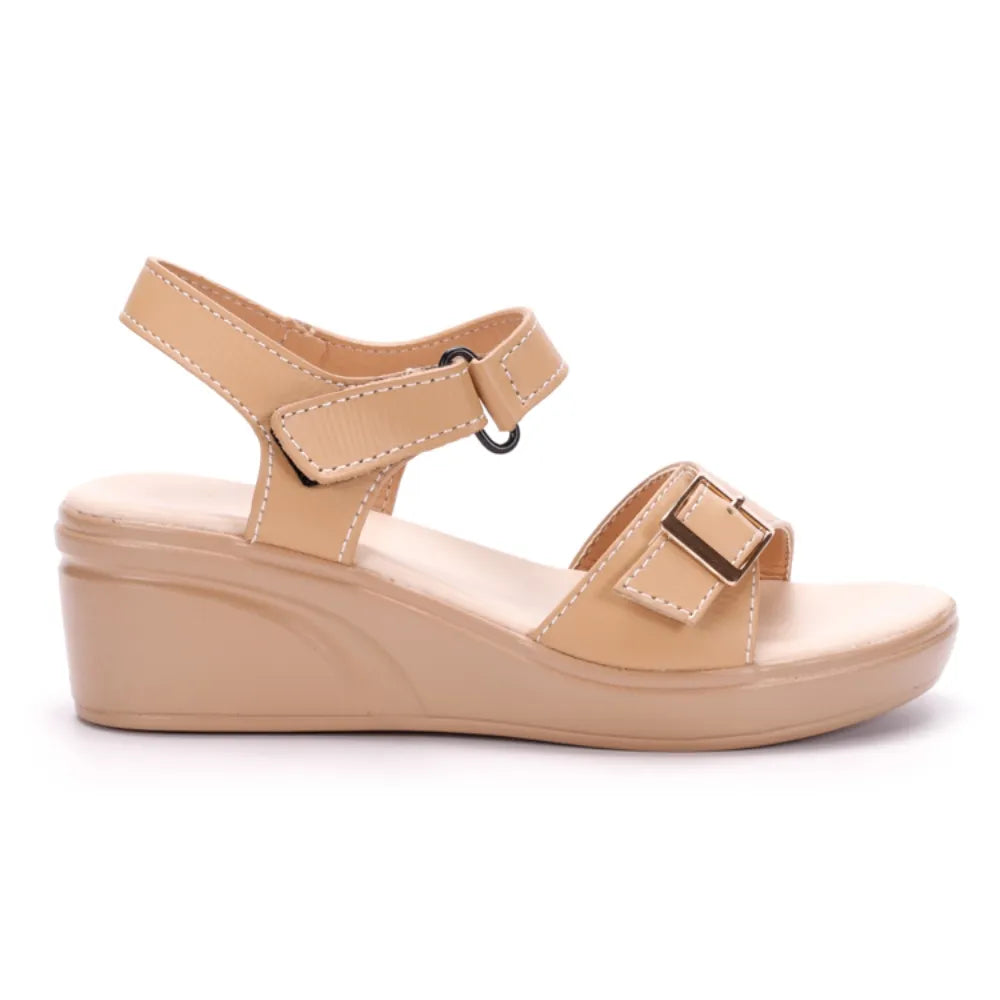 Damen Keilsandalette Verstellbare Klettverschlussriemen in genarbter Optik Beige