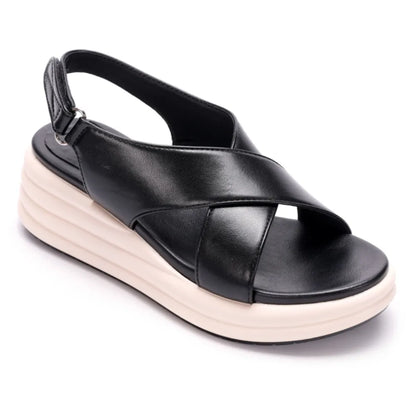 Damen Kreuzriemen-Keilsandalette 5 cm Mikrofaser Schwarz-Creme