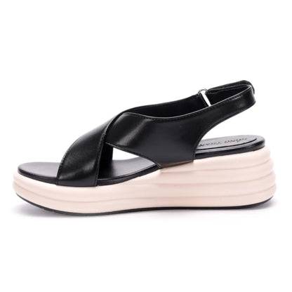 Damen Kreuzriemen-Keilsandalette 5 cm Mikrofaser Schwarz-Creme
