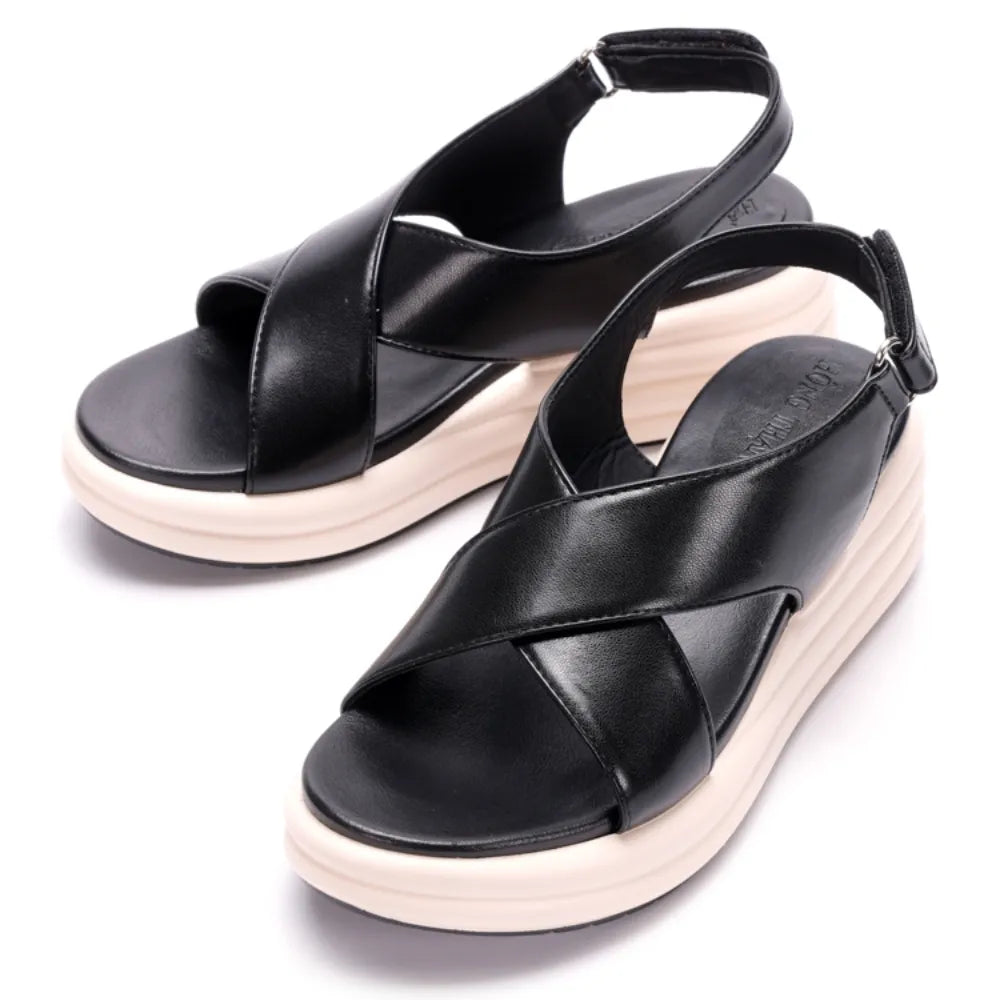 Damen Kreuzriemen-Keilsandalette 5 cm Mikrofaser Schwarz-Creme