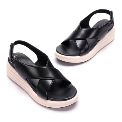 Damen Kreuzriemen-Keilsandalette 5 cm Mikrofaser Schwarz-Creme