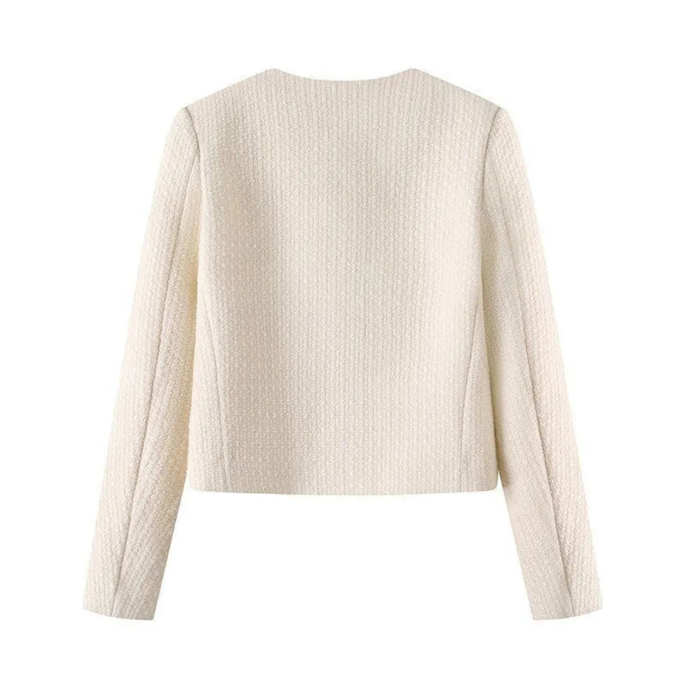 Damen Blazer kurz Rundhals Tweed edel im französischen Stil – Cremefarben Elegant