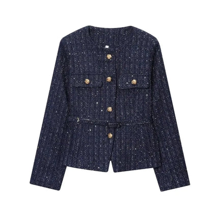 Damen Glitzer-Tweed-Blazer | Kurz mit Rundhals & Taillengürtel | Marineblau