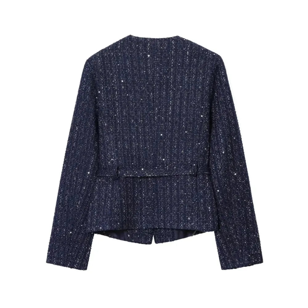Damen Glitzer-Tweed-Blazer | Kurz mit Rundhals & Taillengürtel | Marineblau