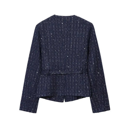 Damen Glitzer-Tweed-Blazer | Kurz mit Rundhals & Taillengürtel | Marineblau