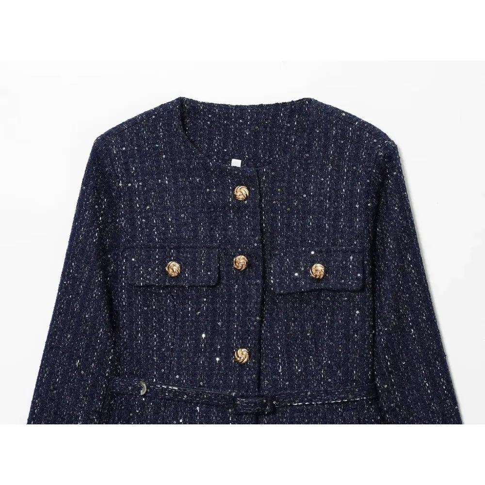 Damen Glitzer-Tweed-Blazer | Kurz mit Rundhals & Taillengürtel | Marineblau
