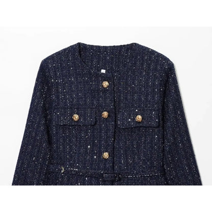 Damen Glitzer-Tweed-Blazer | Kurz mit Rundhals & Taillengürtel | Marineblau