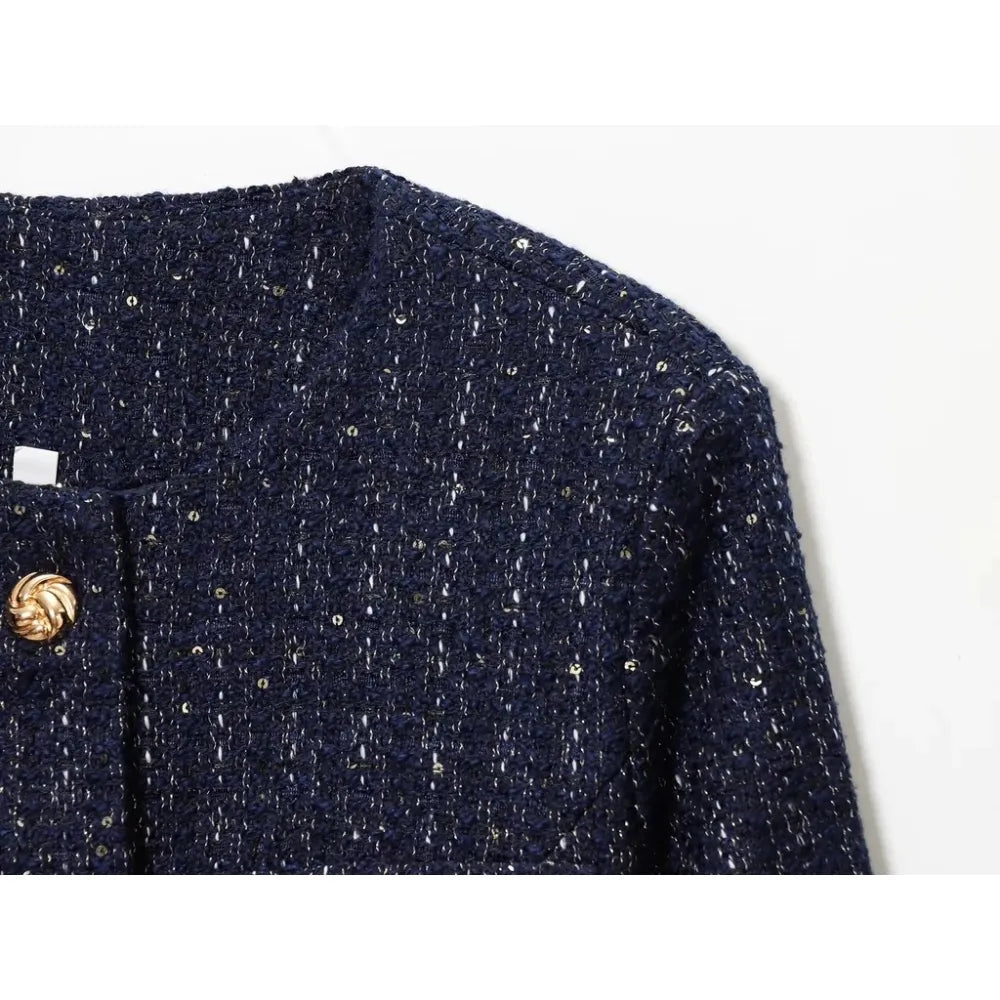 Damen Glitzer-Tweed-Blazer | Kurz mit Rundhals & Taillengürtel | Marineblau