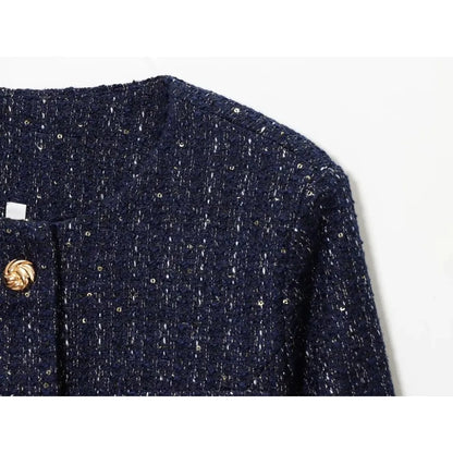 Damen Glitzer-Tweed-Blazer | Kurz mit Rundhals & Taillengürtel | Marineblau