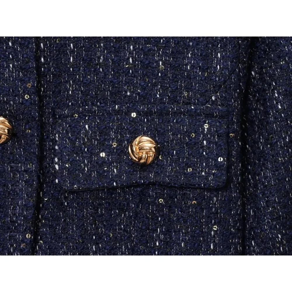 Damen Glitzer-Tweed-Blazer | Kurz mit Rundhals & Taillengürtel | Marineblau