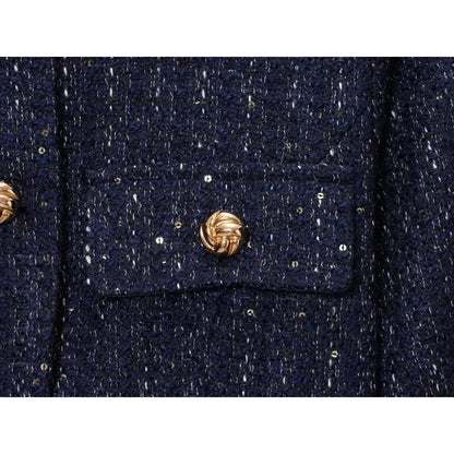 Damen Glitzer-Tweed-Blazer | Kurz mit Rundhals & Taillengürtel | Marineblau