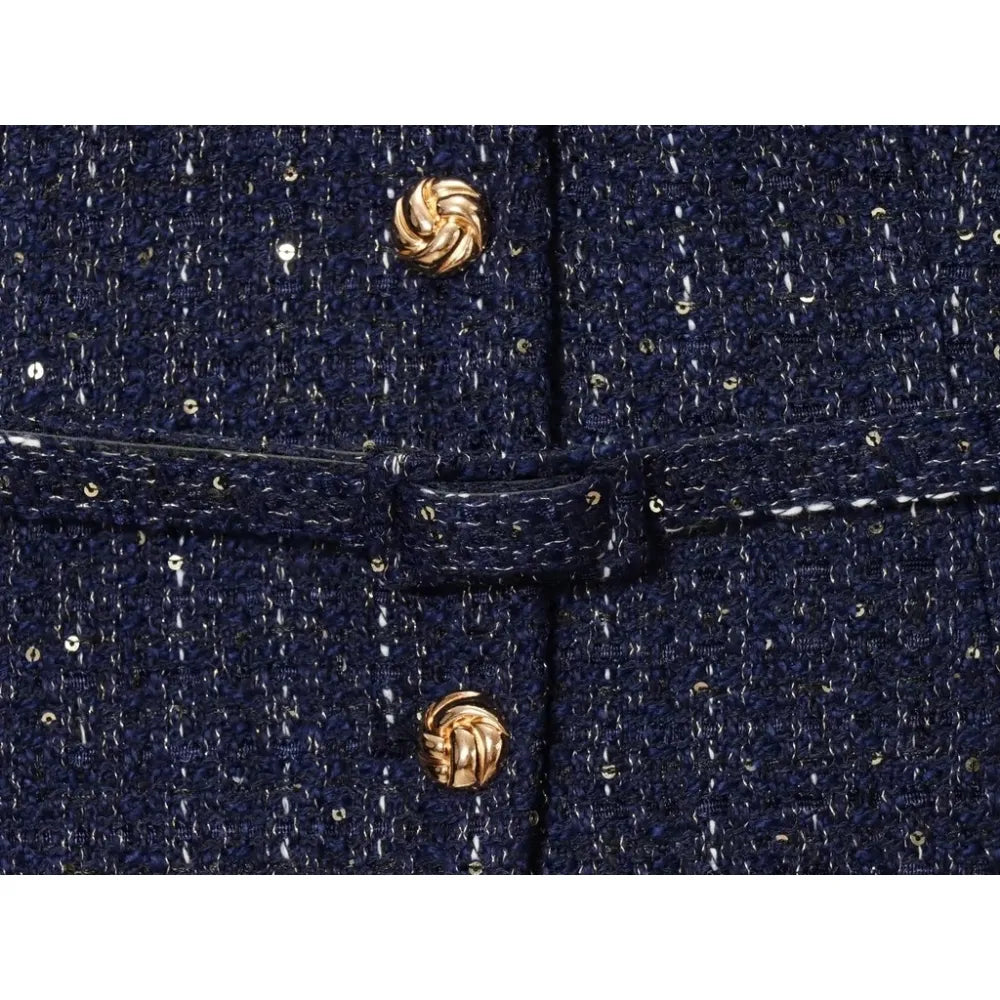 Damen Glitzer-Tweed-Blazer | Kurz mit Rundhals & Taillengürtel | Marineblau