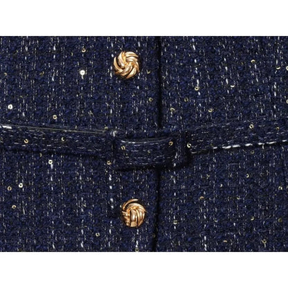 Damen Glitzer-Tweed-Blazer | Kurz mit Rundhals & Taillengürtel | Marineblau