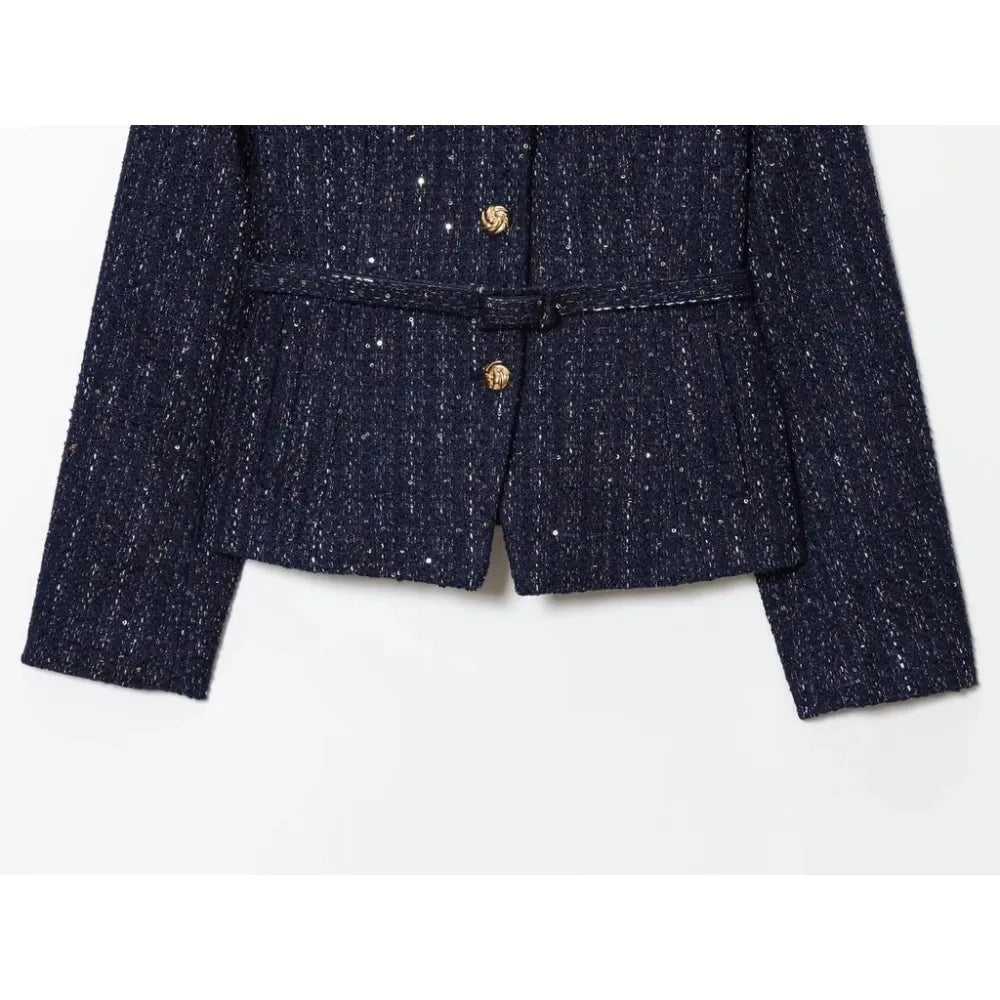 Damen Glitzer-Tweed-Blazer | Kurz mit Rundhals & Taillengürtel | Marineblau