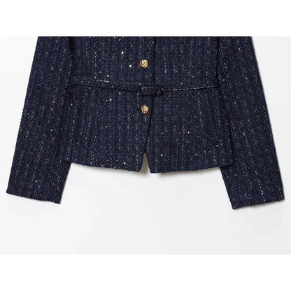 Damen Glitzer-Tweed-Blazer | Kurz mit Rundhals & Taillengürtel | Marineblau