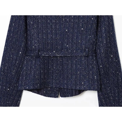 Damen Glitzer-Tweed-Blazer | Kurz mit Rundhals & Taillengürtel | Marineblau