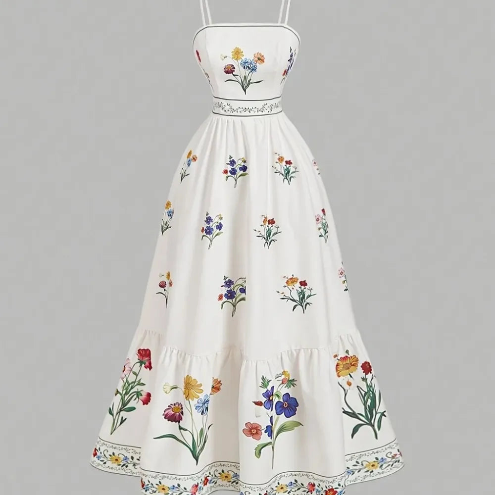 Maxikleid mit Spaghettiträgern, Vintage-Blumenprint, A-Linien-Schnitt und gesmoktem Rücken in Creme