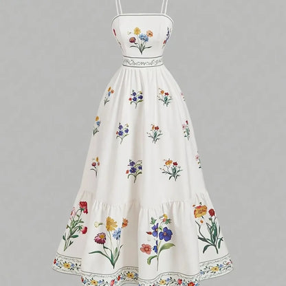 Maxikleid mit Spaghettiträgern, Vintage-Blumenprint, A-Linien-Schnitt und gesmoktem Rücken in Creme