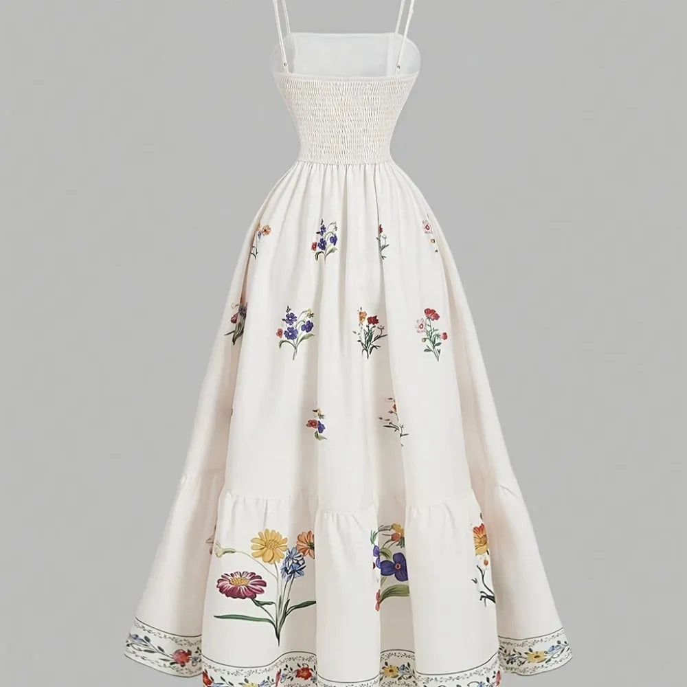 Maxikleid mit Spaghettiträgern, Vintage-Blumenprint, A-Linien-Schnitt und gesmoktem Rücken in Creme