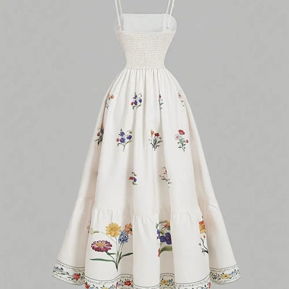 Maxikleid mit Spaghettiträgern, Vintage-Blumenprint, A-Linien-Schnitt und gesmoktem Rücken in Creme