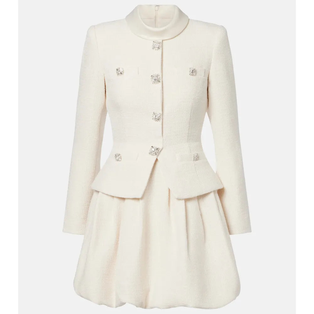 Tweed-Minikleid im Blazer-Stil mit Schalkragen, Kristallknöpfen und Bubblerock Cremefarben Polyester