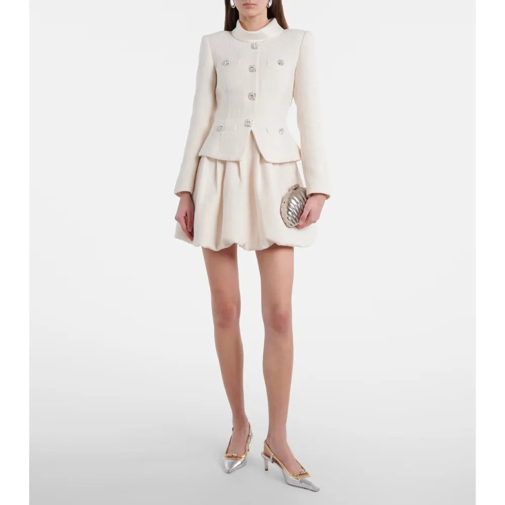 Tweed-Minikleid im Blazer-Stil mit Schalkragen, Kristallknöpfen und Bubblerock Cremefarben Polyester