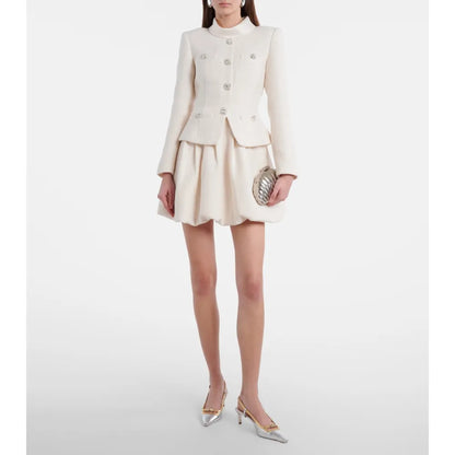Tweed-Minikleid im Blazer-Stil mit Schalkragen, Kristallknöpfen und Bubblerock Cremefarben Polyester