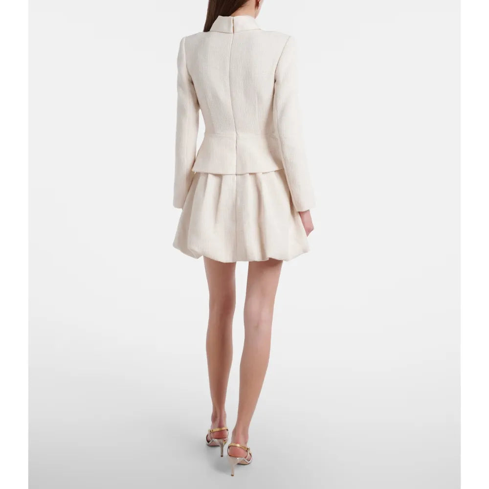 Tweed-Minikleid im Blazer-Stil mit Schalkragen, Kristallknöpfen und Bubblerock Cremefarben Polyester