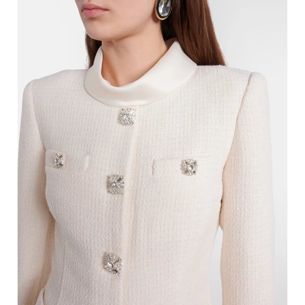 Tweed-Minikleid im Blazer-Stil mit Schalkragen, Kristallknöpfen und Bubblerock Cremefarben Polyester