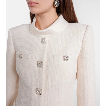 Tweed-Minikleid im Blazer-Stil mit Schalkragen, Kristallknöpfen und Bubblerock Cremefarben Polyester