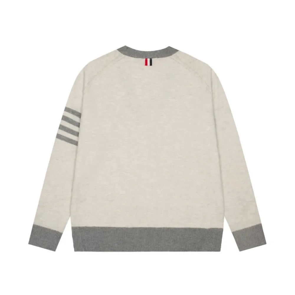Cardigan V-Ausschnitt 4-Streifen Unisex aus Hochwertigem Woll-Mix in Cremeweiß-Grau